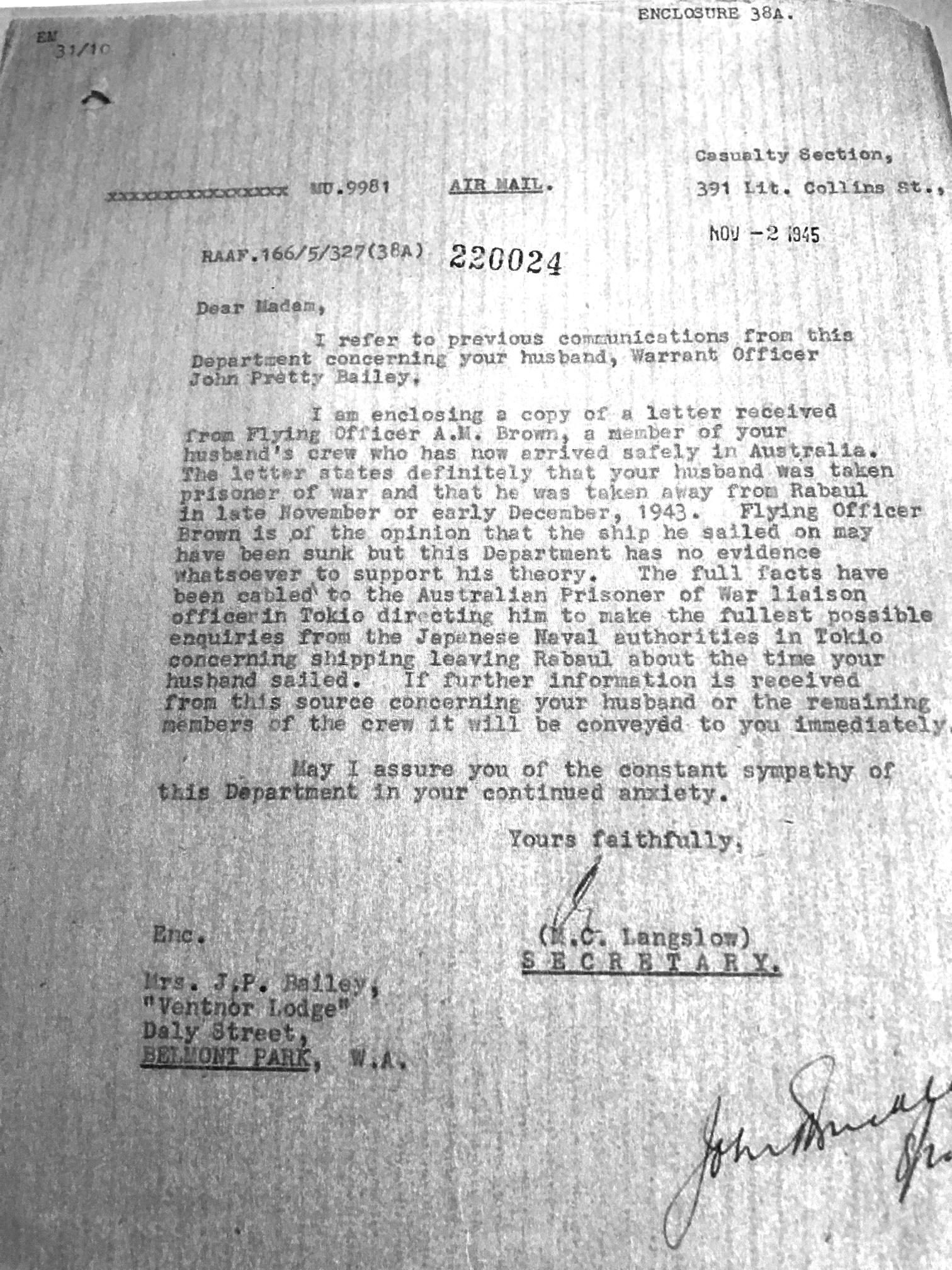 Allan Brown&rsquo;s Statement forwarded to Marjorie Bailey